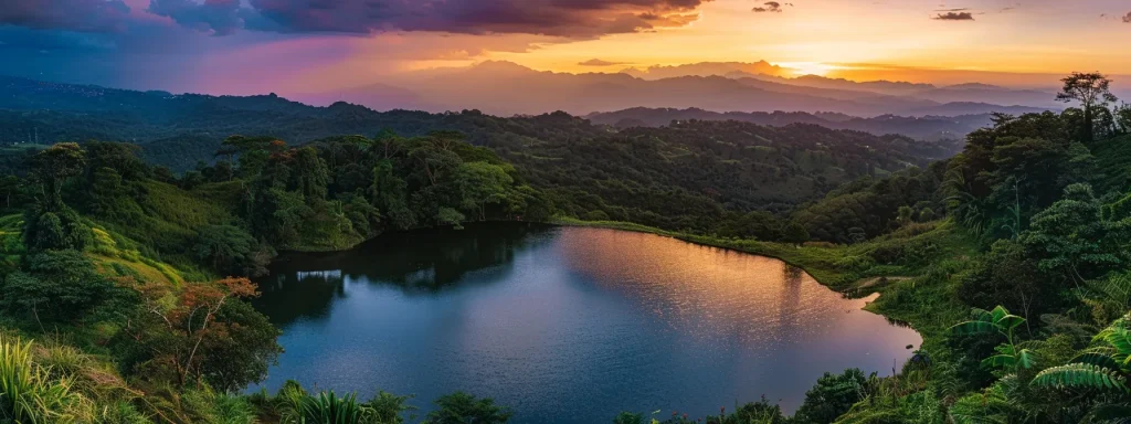 a breathtaking sunset casts vibrant hues of orange and purple across a tranquil lake, surrounded by lush greenery and distant mountains, reflecting the serene beauty of nature.