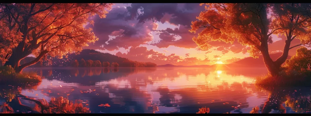 a dramatic sunset casts vibrant orange and pink hues across a serene lake, where silhouetted trees frame the tranquil scene, evoking a sense of peace and reflection.