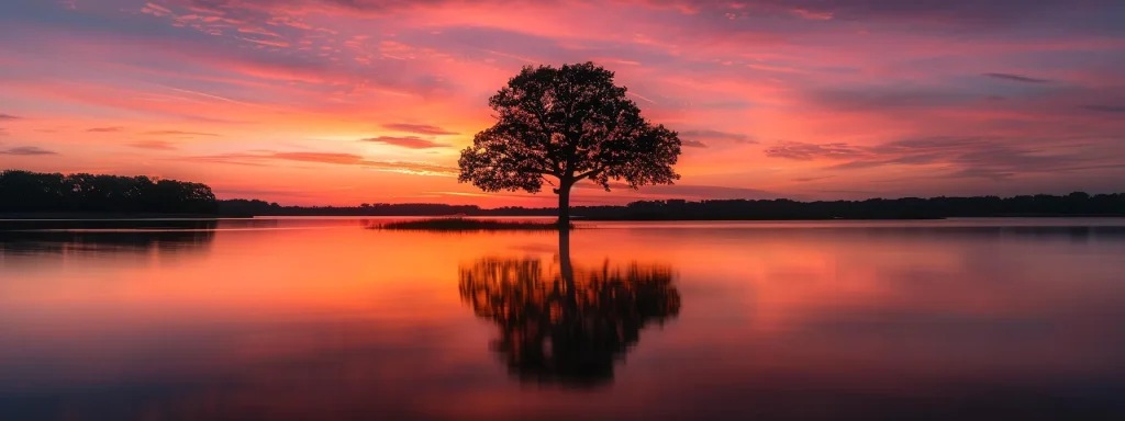 a majestic sunset casts vibrant hues of orange and pink across a tranquil lake, where the silhouette of a solitary tree stands prominently against the vivid sky, reflecting perfectly in the still water below.