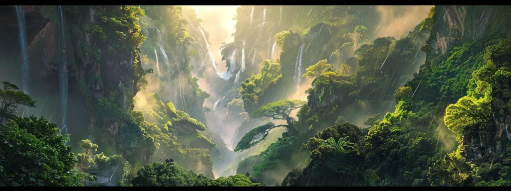 a majestic waterfall cascades down rugged cliffs, surrounded by lush, emerald greenery, with sunlight filtering through the mist to create a serene, enchanting atmosphere.