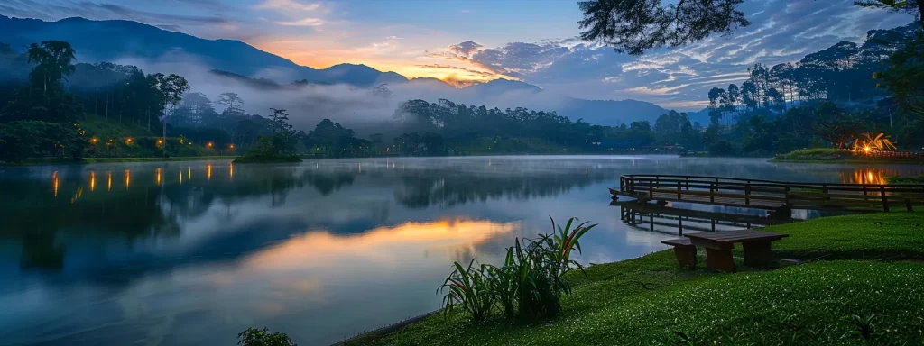 a serene lakeside at dawn, where the soft morning mist envelops the still water, reflecting the vibrant hues of the rising sun and creating a tranquil atmosphere.