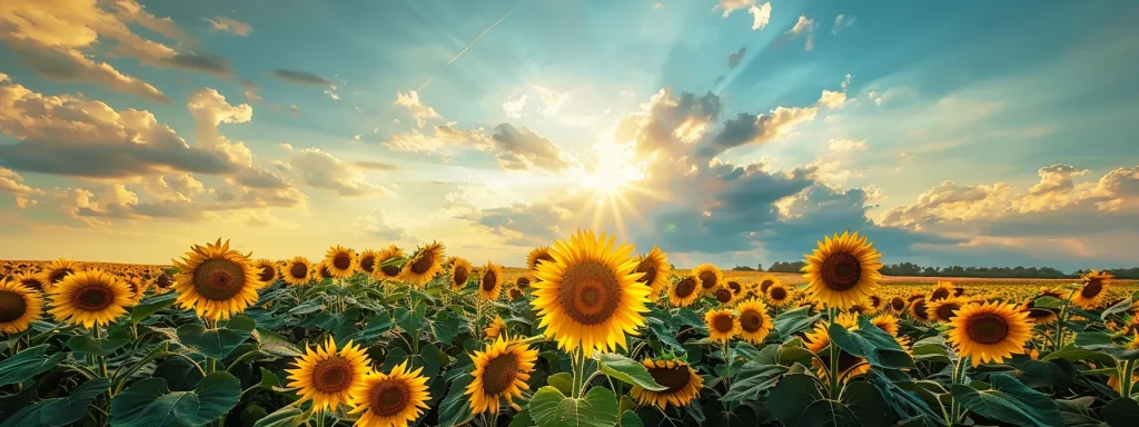a vibrant field of lush sunflowers stretches towards a brilliant azure sky, illuminated by the warm glow of the late afternoon sun, creating a striking contrast between golden petals and turquoise hues.