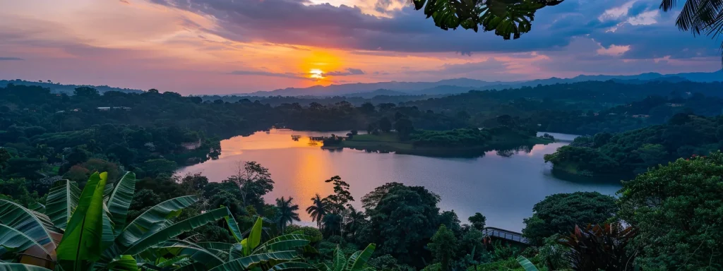 a vibrant sunset casts a warm glow over a tranquil lake, with rich hues of orange and pink reflecting on the water's surface, framed by lush green trees in the foreground.